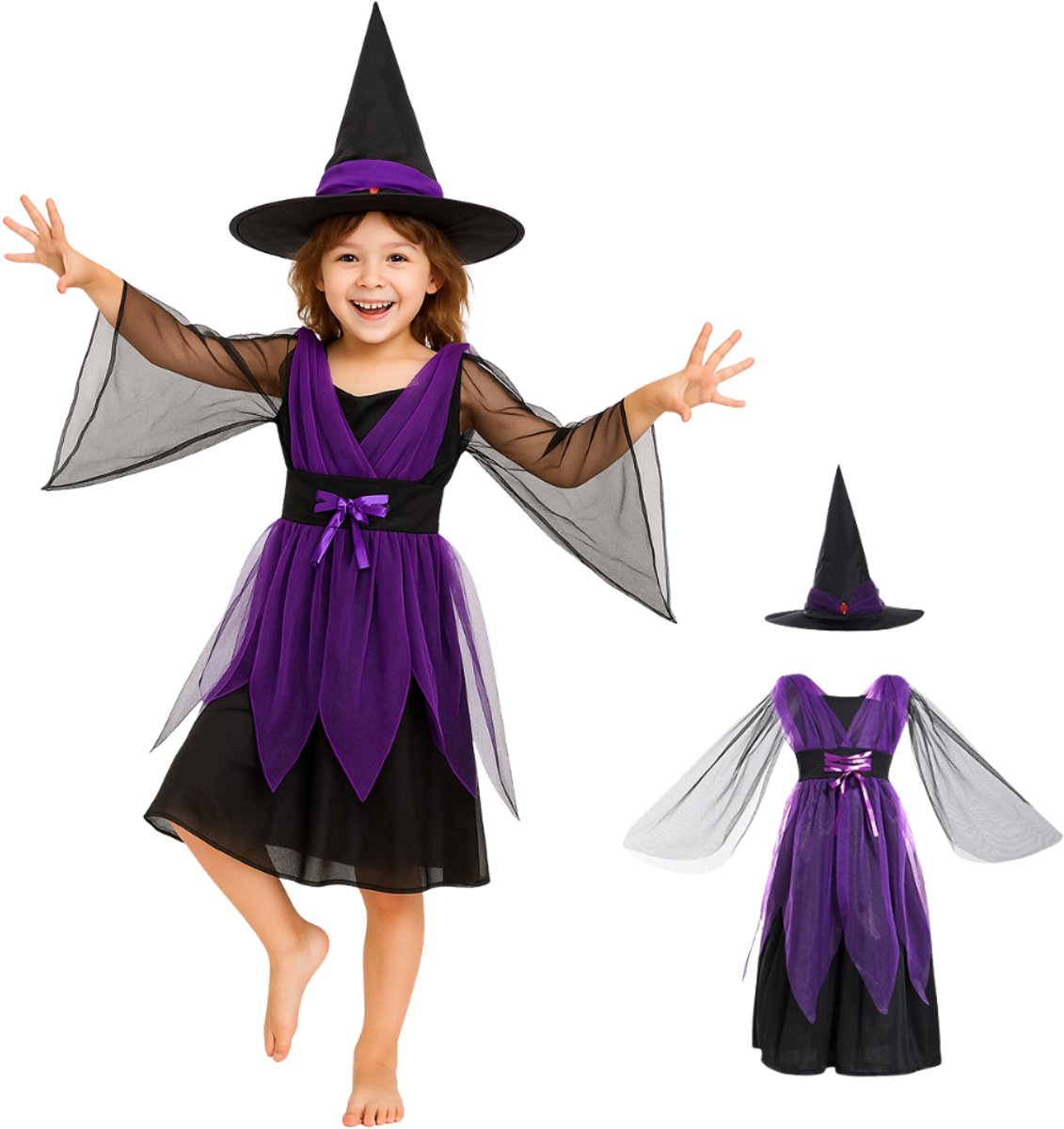 Joya Kids® Heks Verkleedjurk | Heksenhoed met Jurk | Heksen Verkleedjurk Meisje | Halloween Jurk | Verkleedkleding | Maat 150